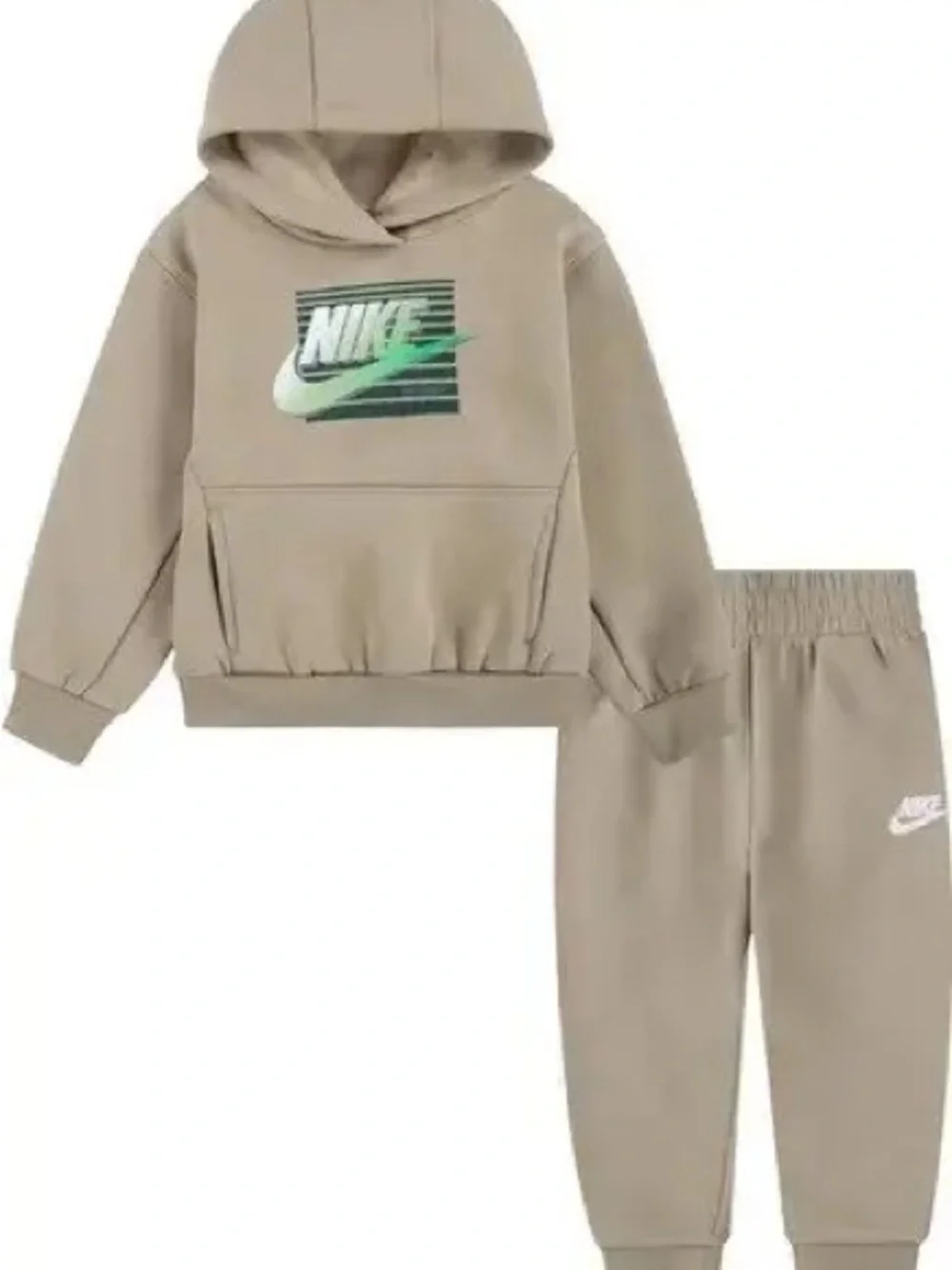 Nike Beige Hoodie and Joggers with Green Logo Accent